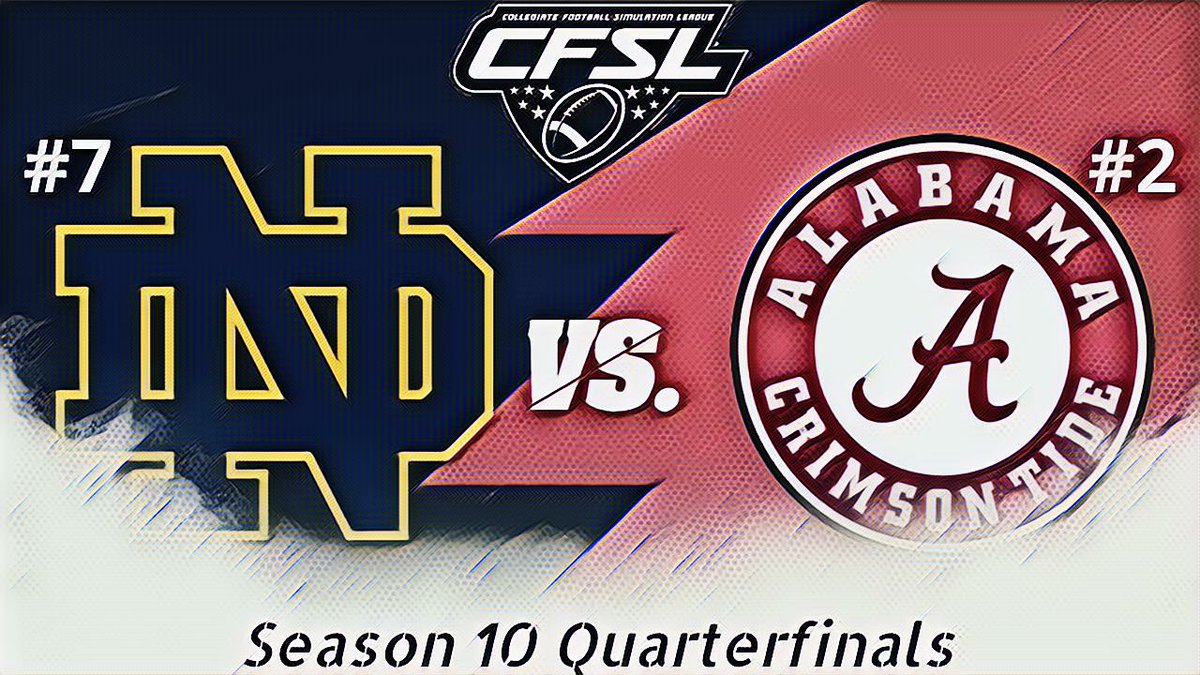 Our final quarterfinals game is here and it's between Notre Dame and Alabama, can the Irish come away with the upset or will the Crimson Tide show out in front of the home crowd. Whoever wins will be taking on Texas A&amp;M in the Semifinals. 
twitch.tv/px1sports 
#CFSL