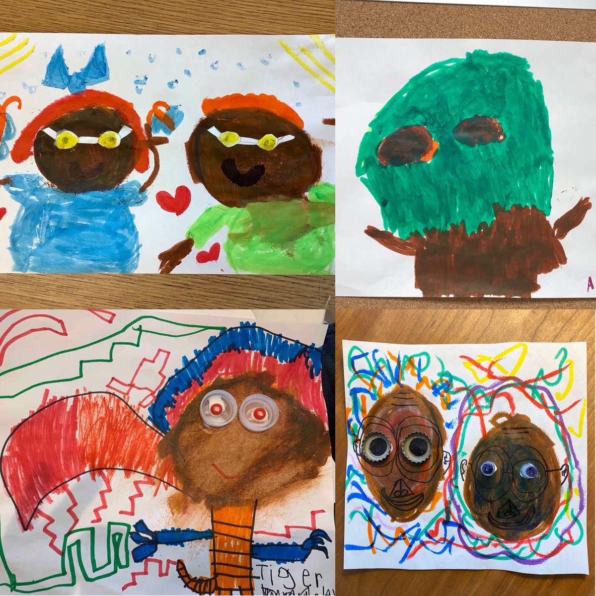 MarlAtelierista's tweet photo. @hebrubrantley created Superheroes that looked like him/his neighborhood. Inspired by #Africobra artists &Hebru, Children 3-6 learned 2 mix beautiful browns &create the superheroes that r missing in their/our lives. #superheroes #afrofuturism #representationmatters @DCPSArts #BLM https://t.co/bJxublCogt