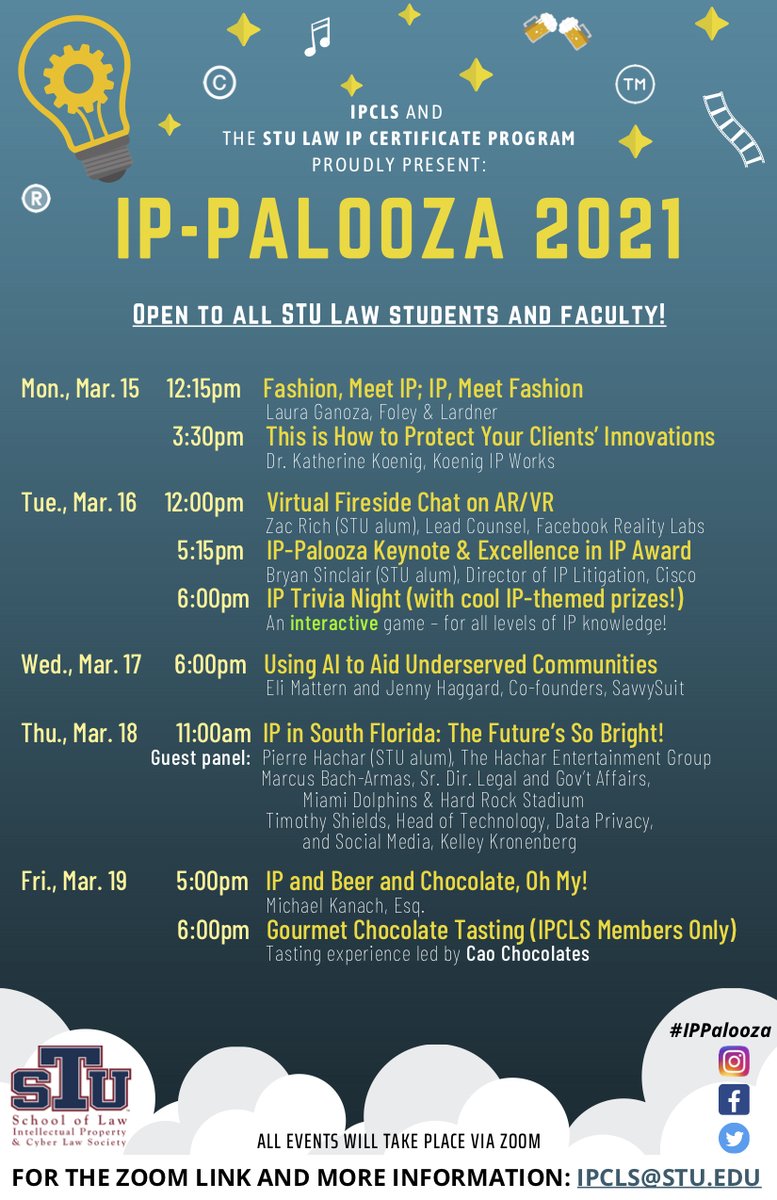 IPCLS1's tweet photo. Wondering if there are still some awesome #IP events you can attend this week? Check out the list of the week's remaining events. #IPPalooza #AI #trademark #Copyright #patents #iplaw @nathenson @StThomasLaw https://t.co/9RZ20Vp1a3