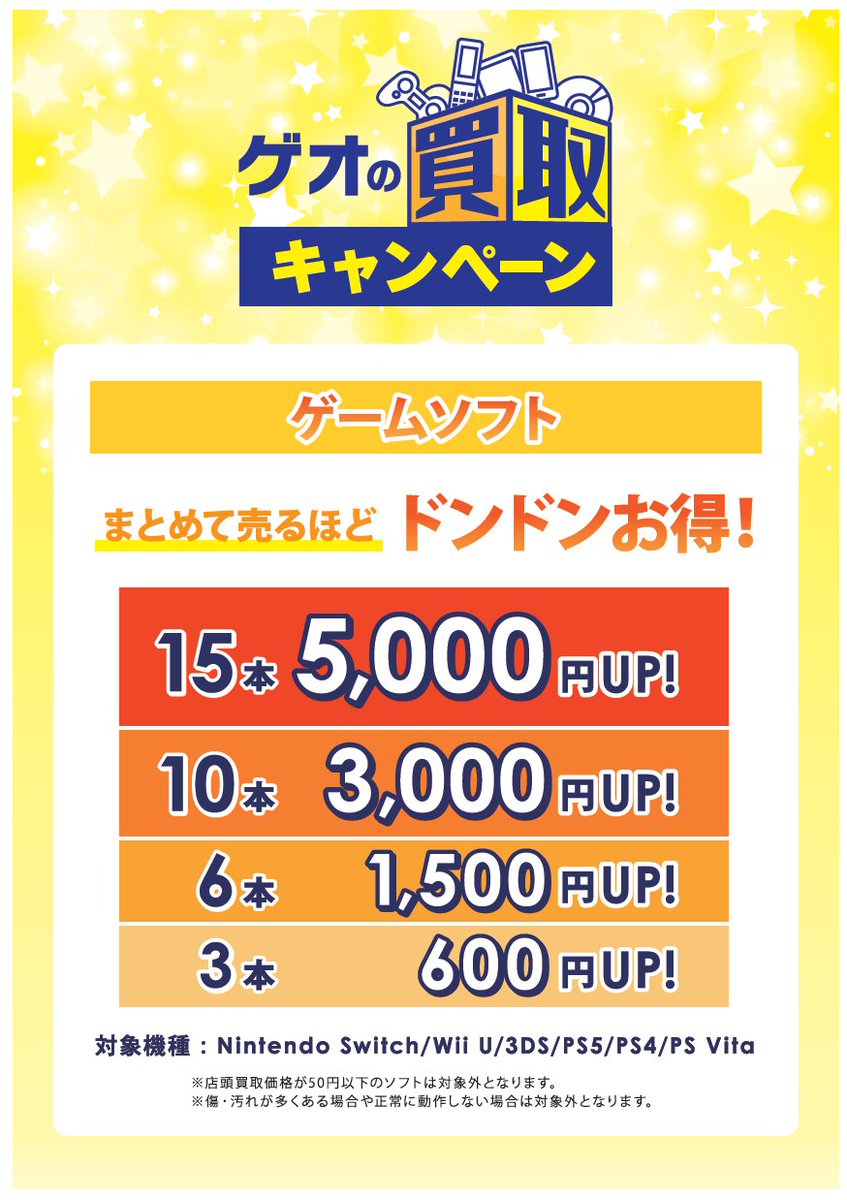 ゲオ中野ブロードウェイ店 買取キャンペーン ソフトの本数に応じて買取金額up 3本600円から最大15本で5000円up 対象は3ds Wiiu Switch Ps5 Ps4 Psvitaのゲームソフトです 買取金額50円以下の商品は対象外です ゲオ 中野ブロードウェイ ゲオ中野ブロードウェイ店 買取キャンペーン ソフトの本数に応じて買取金額up 3本600円から最大15本で5000円up 対象は3ds Wiiu Switch Ps5 Ps4 Psvitaのゲームソフトです 買取金額50円以下の商品は対象外です ゲオ 中野ブロードウェイ