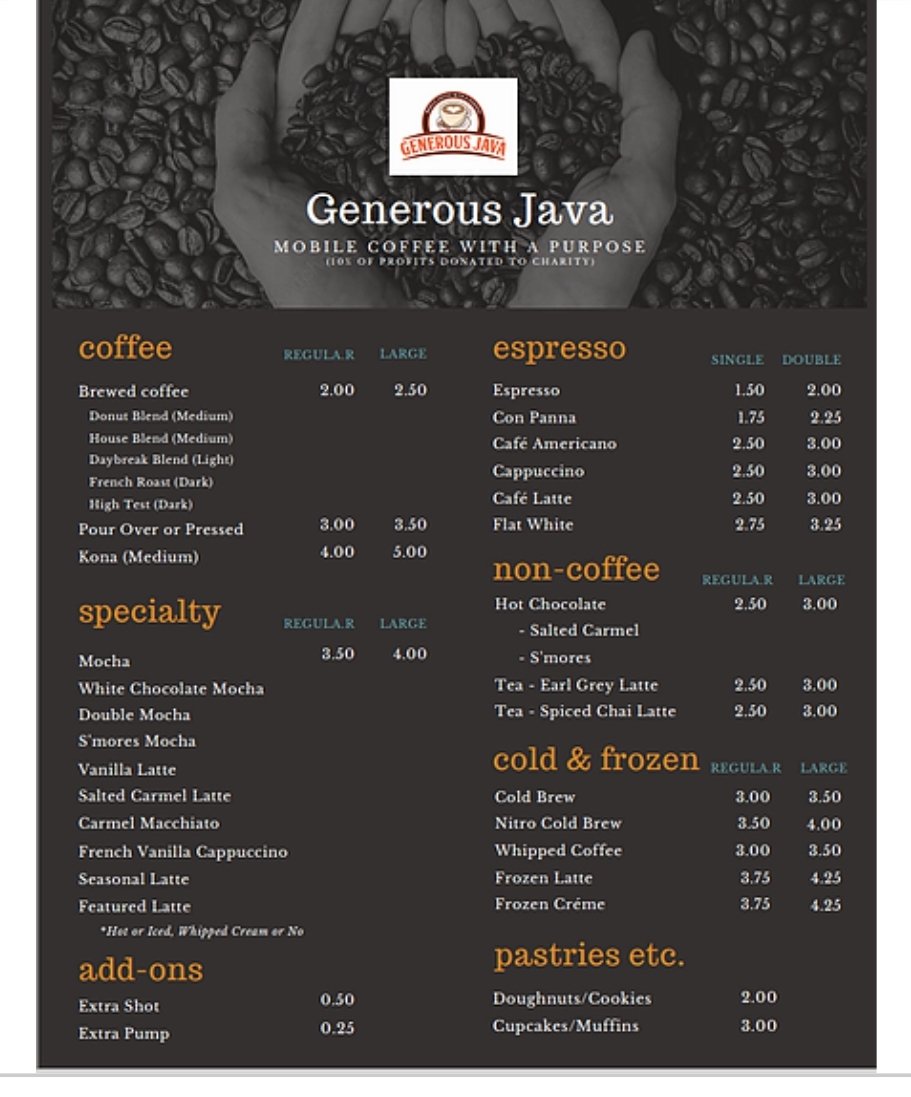 GenerousJava's tweet image. Here is our menu!
