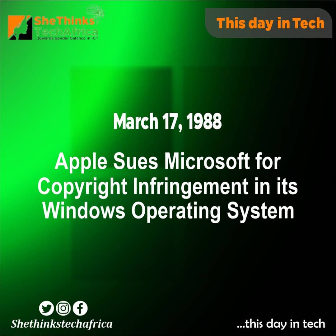 TechThinks's tweet photo. @Apple sues @Microsoft for Copyright Infringement this #DayinTechHistory
#Apple #Copyright #womenintech #WomenInSTEM https://t.co/wXFs7o8NKy