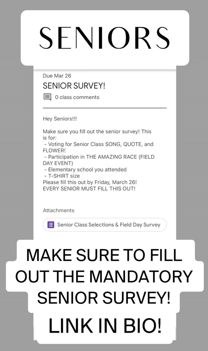 RHSClassof2021's tweet photo. Seniors!!! Fill out this MANDATORY survey by Friday, March 26th!!!! https://t.co/Uf7oS3FzHx