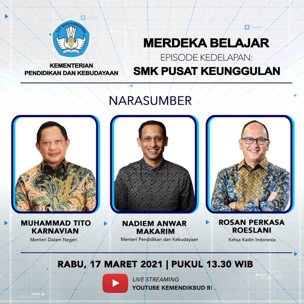 Kemdikdasmen's tweet photo. #SahabatDikbud, Kemendikbud segera meluncurkan #MerdekaBelajar Episode 8: SMK Pusat Keunggulan, sebagai salah satu strategi pengembangan SDM Indonesia yang unggul dan berdaya saing. Saksikan acara peluncurannya siang ini, pukul 13.30 WIB di kanal YouTube Kemendikbud RI! https://t.co/KBp9Fy8Okl