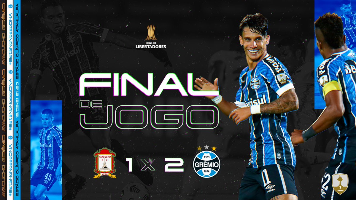 Gremio's tweet photo. Fim de jogo: Ayacucho 1x2 #Grêmio
Estamos classificados! Com um gol marcado pelo raio Ferreira e outro pelo oportunista Ricardinho, vencemos de virada! Na Terceira Fase da #Libertadores, enfrentaremos o Independiente del Valle, do Equador.
🇪🇪🏆🏆🏆 #AYAxGRE  #EstáNoNossoDNA🧬 https://t.co/b3UpYbCaZI