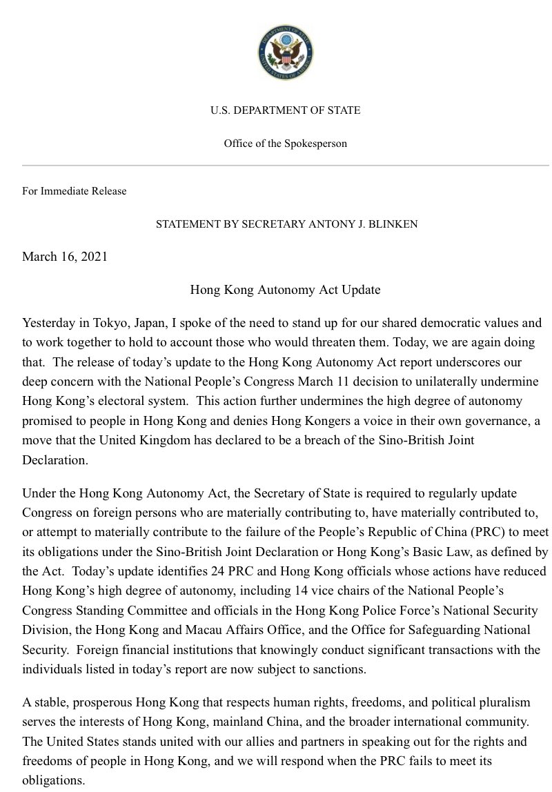newsguyusa's tweet photo. US “stands united with our allies and partners in speaking out for the rights and freedoms of people in Hong Kong, and we will respond when the PRC fails to meet its obligations,” says @SecBlinken. https://t.co/Qqrprvpxp0