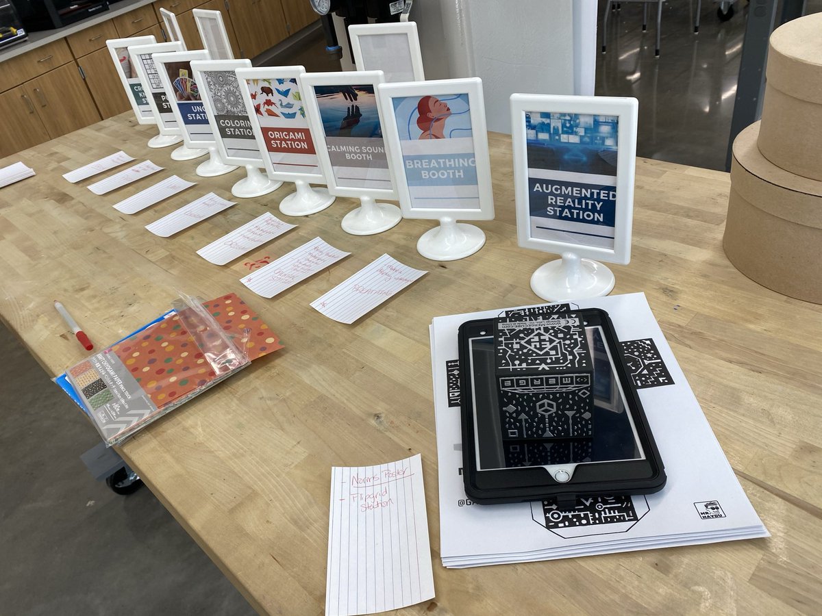 AISD_Makerspace's tweet photo. Counseling &amp; Mental Health classes learning to de-stress &amp; will rate which station was the most beneficial &amp; which stress-relieving techniques that they connected to the most! #worklifebalance #SEL #Makerspace #MakerCARE #MentalHealthAwareness @AnnaISDCTE https://t.co/rMMLSDjAwY