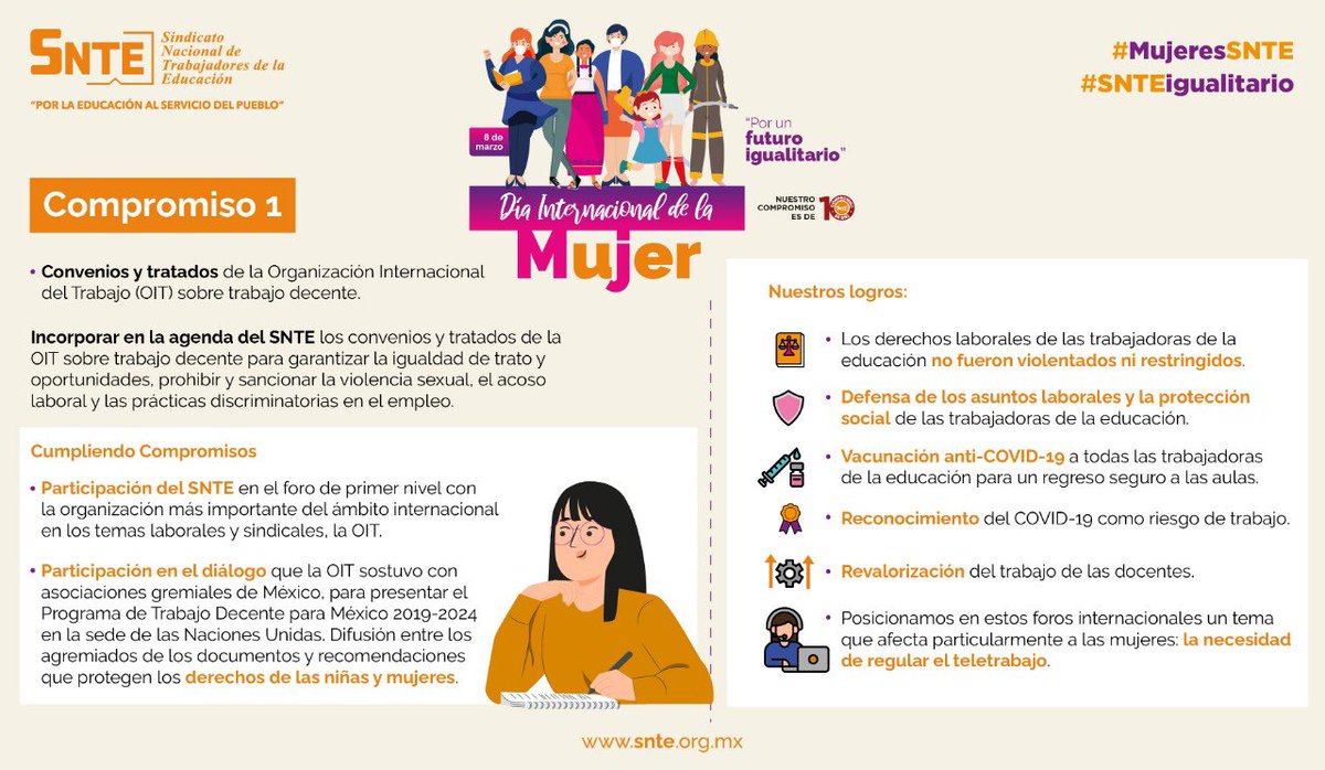 Sh1Dimas's tweet photo. #SNTEigualitario 👩🔛👨
🟣 En sus compromisos de 10 ☑️ con #MujeresSNTE 🙋♀️ la agenda sindical recoge convenios de @OITMexico ✅ sobre trabajo decente ✔️ equidad ✔️ e igualdad ✔️
#MarzoMesDeLaMujer 👩🦱🗓️👩🦰
Conoce el #Compromiso1
👉 https://t.co/lrJFK6nttJ 🧑💻 https://t.co/uGKNGklE5X