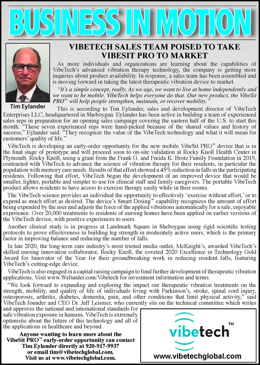 vibetech_llc's tweet photo. @vibetech_llc is truly a Business in Motion on multiple fronts.
CEO and founder @FitSitLLC and CFO Ed Morgan would like to thank all who have helped in this process.
#VibeTech
#therapeuticvibration
#wefunder
#rockyknoll
#ACRM
#landmarksquare
#mcknights
#wisconsiniot https://t.co/7u7HnN0rl1