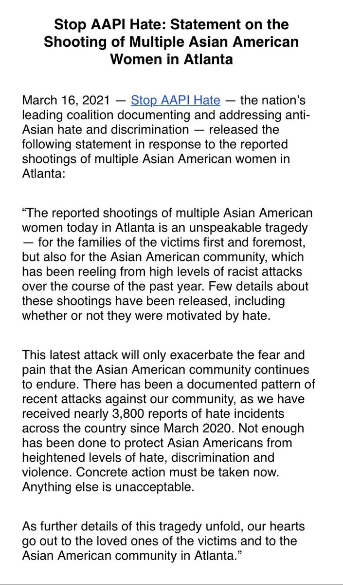 KyungLahCNN's tweet photo. .@StopAAPIHate statement: “This latest attack will only exacerbate the fear and pain that the Asian American community continues to endure.” Full statement below: https://t.co/yqmj2ru2co