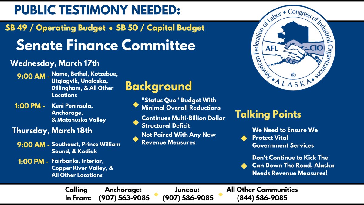 🚨Public Testimony Alert🚨

Senate Finance Committee will be taking public testimony both today and tomorrow on the state budgets. Make your voice heard! #akleg