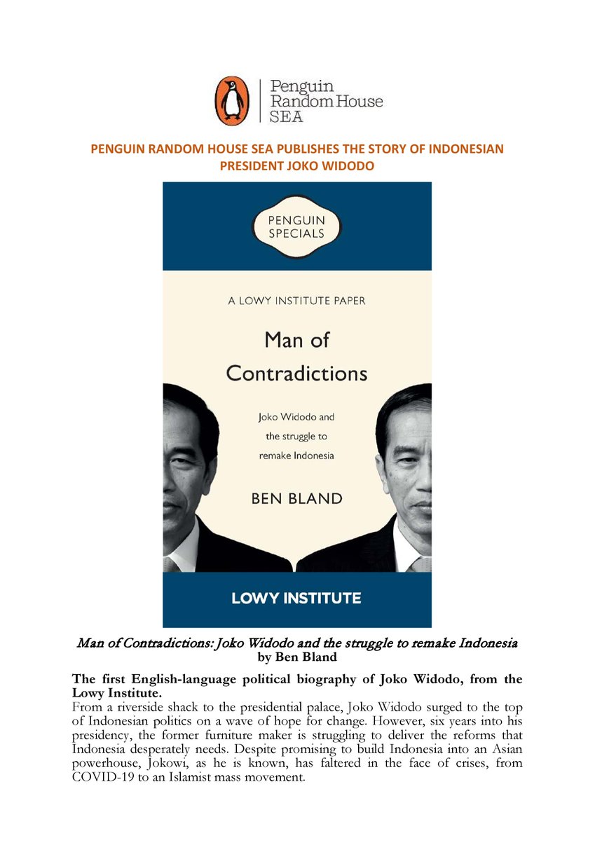 benjaminbland's tweet photo. Delighted to share news that Penguin Random House Southeast Asia has acquired SE Asian rights for Man of Contradictions, the first @LowyInstitute Paper to be re-published outside Australia. It's been printed already and should be on sale in all good SE Asian bookshops soon. https://t.co/tc7AjgISHa