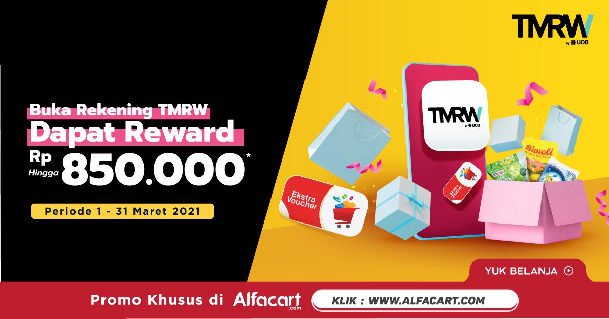 Alcartian! Bisa semudah itu buka tabungan #DariRumahAja gak pake antri dan lama dengan aplikasi TMRW by UOB! Selain itu, cuma dengan buka tabungan dan kartu kredit aja Kamu bisa dapetin voucher Alfacart hingga 850ribu lho!

Yuk ambil vouchernya disini > alfa.id/tmrwtw