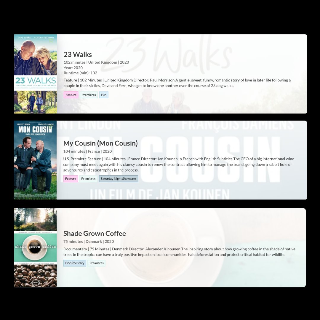 SonomaFilmFest's tweet photo. 🇺🇸 One-fifth of #SIFF2021 films are making their Premiere! 

See our NATIONAL PREMIERES:
#23Walks with filmmaker intro, presented by @PetsLifeline  
#MonCousin, presented by @SpritzSF
#ShadeGrownCoffee, presented by Lyn &amp; Dub Hay https://t.co/4GvUBwA6Ei