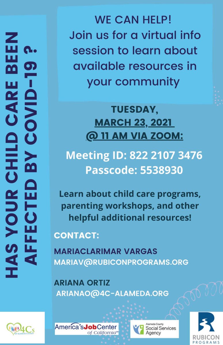 Has your child care been affected by the COVID-19 pandemic? Learn about available community resources at this virtual info session:, including child care programs, parenting workshops &amp; more!
Tues, March 23, 2021
11:00 am on Zoom
Meeting ID 822 2107 3476
See flyer for Access Code
