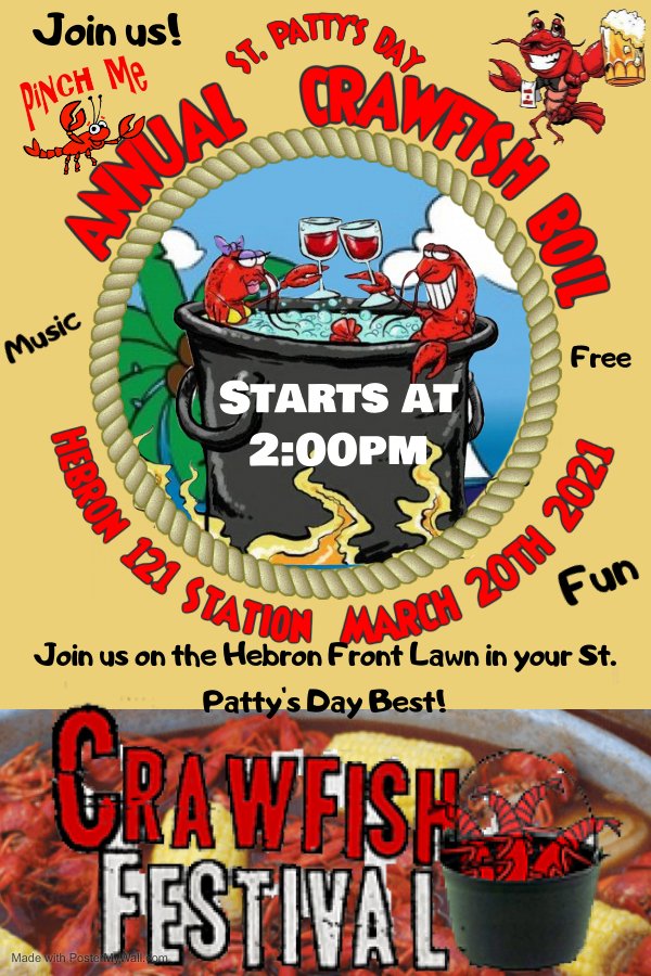Hebron121's tweet photo. Hey Hebron Fam! It's Crawfish season and Hebron 121 Station will be hosting our annual Crawfish boil this Saturday, March 20th at 2:00pm on the front lawn! Don't be late because like all yummy crawfish, supplies are limited! #Hebron121Station #AnnualCrawfishBoil... https://t.co/C8Xm8m3xcG