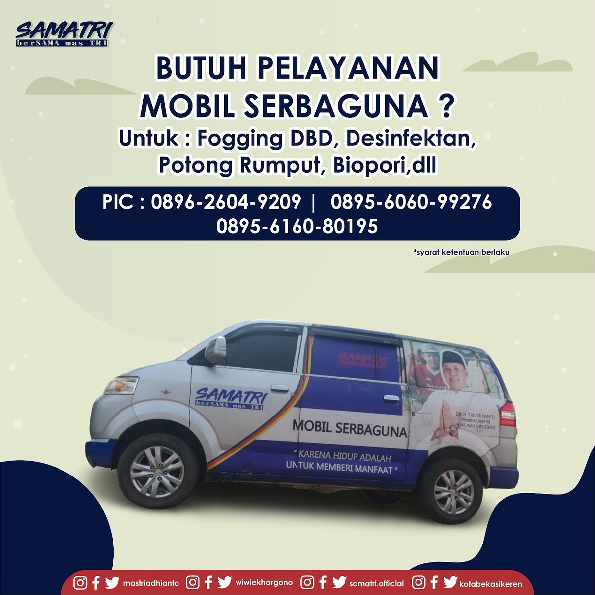 samatriofficial's tweet photo. Butuh pelayanan mobil serbaguna samatri?,mobil ini bisa melakukan berbagai jenis kegiatan seperti Fogging DBD, Desinfektan,Biopori,Potong Rumput,Dll. Catat nomor PICnya dan tentukan jadwalnya !
#samatri #bersamamastri #mastriadhianto #kotabekasikeren https://t.co/zEAa1m1VTL