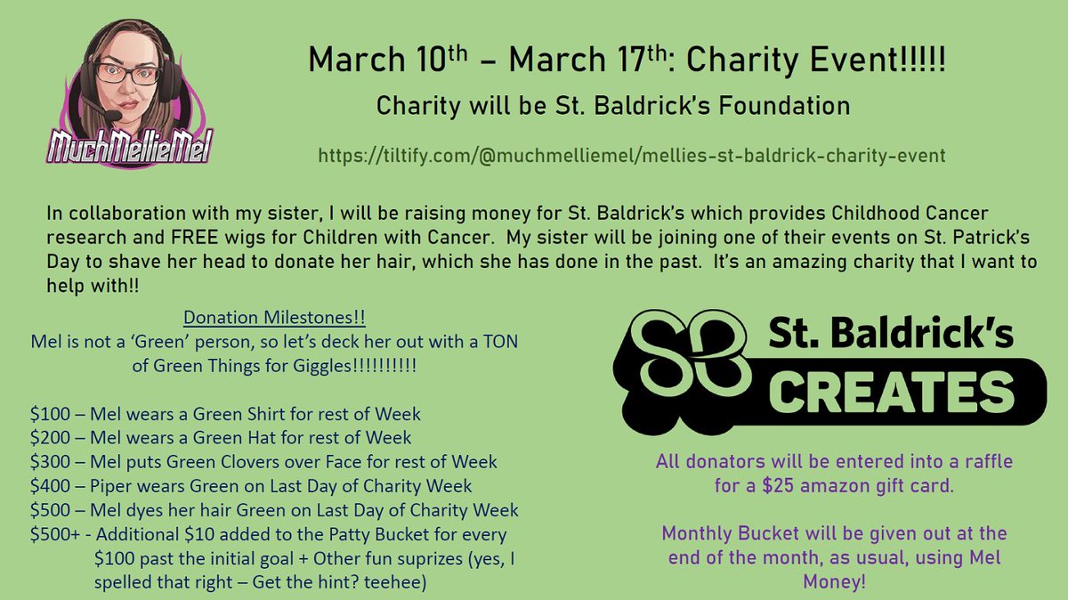 muchmelliemel's tweet photo. As a thank you for an amazing Charity week, tomorrow, for the last day, I will be doing 3 GAMETIME GIVEAWAYS (or paypal).  If you donate, you are entered in for $25 Amazon Card.  Oh, and green hair!!!! Please share the word, and see you tomorrow!! <3 @StBaldricks @WeAreTiltify https://t.co/WN0mIuGcLm