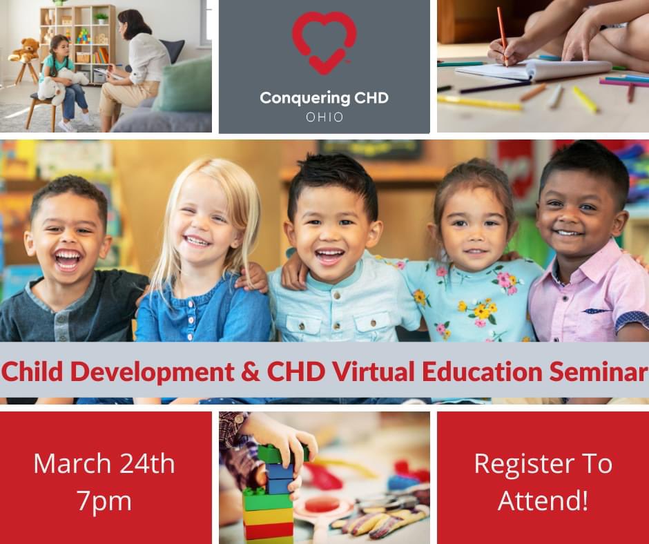 OhAchd's tweet photo. Wednesday, March 24th at 7pm for Virtual Education Seminar on "What to look for with Child Development and Congenital Heart Disease (CHD)." Subject areas to be discussed include the most common deficits, interventions and support services. 
Register : https://t.co/1hW9dlJD3b https://t.co/uC6R1bI0OH