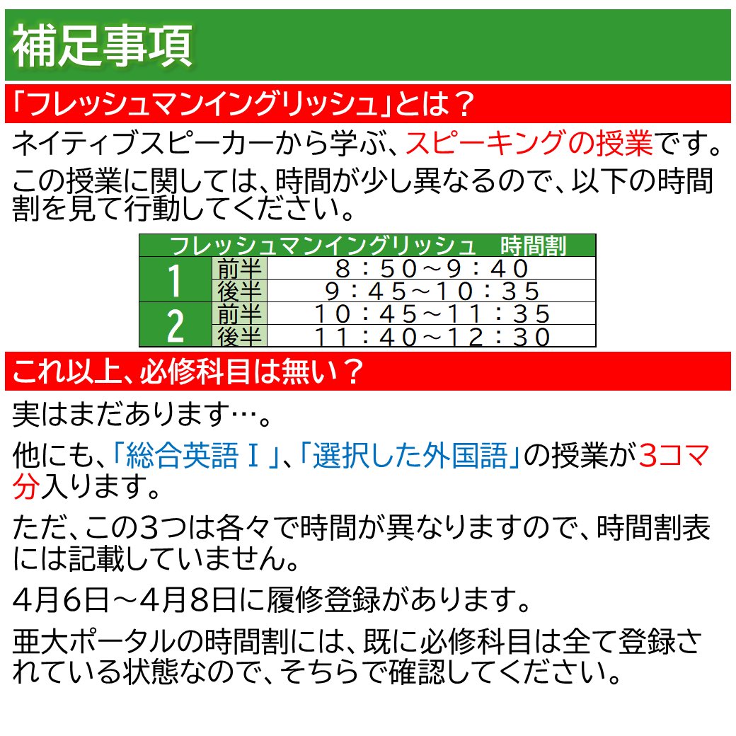 Auvp 亜細亜大学都市創造学部 On Twitter 速報 2021年度のシラバスが公開されました 以下の画像が １年生前期の時間割です 黄色の部分が必修科目です ご質問があれば Dmおよび質問箱にて受け付けます Https T Co Zljcuucwtr 亜細亜大学 都市創造