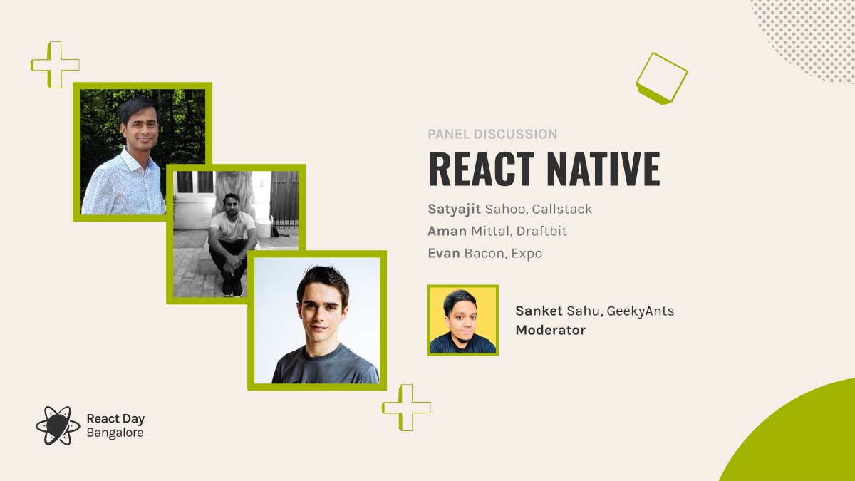 Super excited to host a panel discussion on React Native on March 20th with <a href="/sanketsahu/">Sanket Sahu</a>  <a href="/satya164/">Satyajit Sahoo</a>  <a href="/amanhimself/">Aman Mittal ⚛️☕️🖖</a> <a href="/Baconbrix/">Evan Bacon 🥓</a> 

reactday.in/#schedule/day2