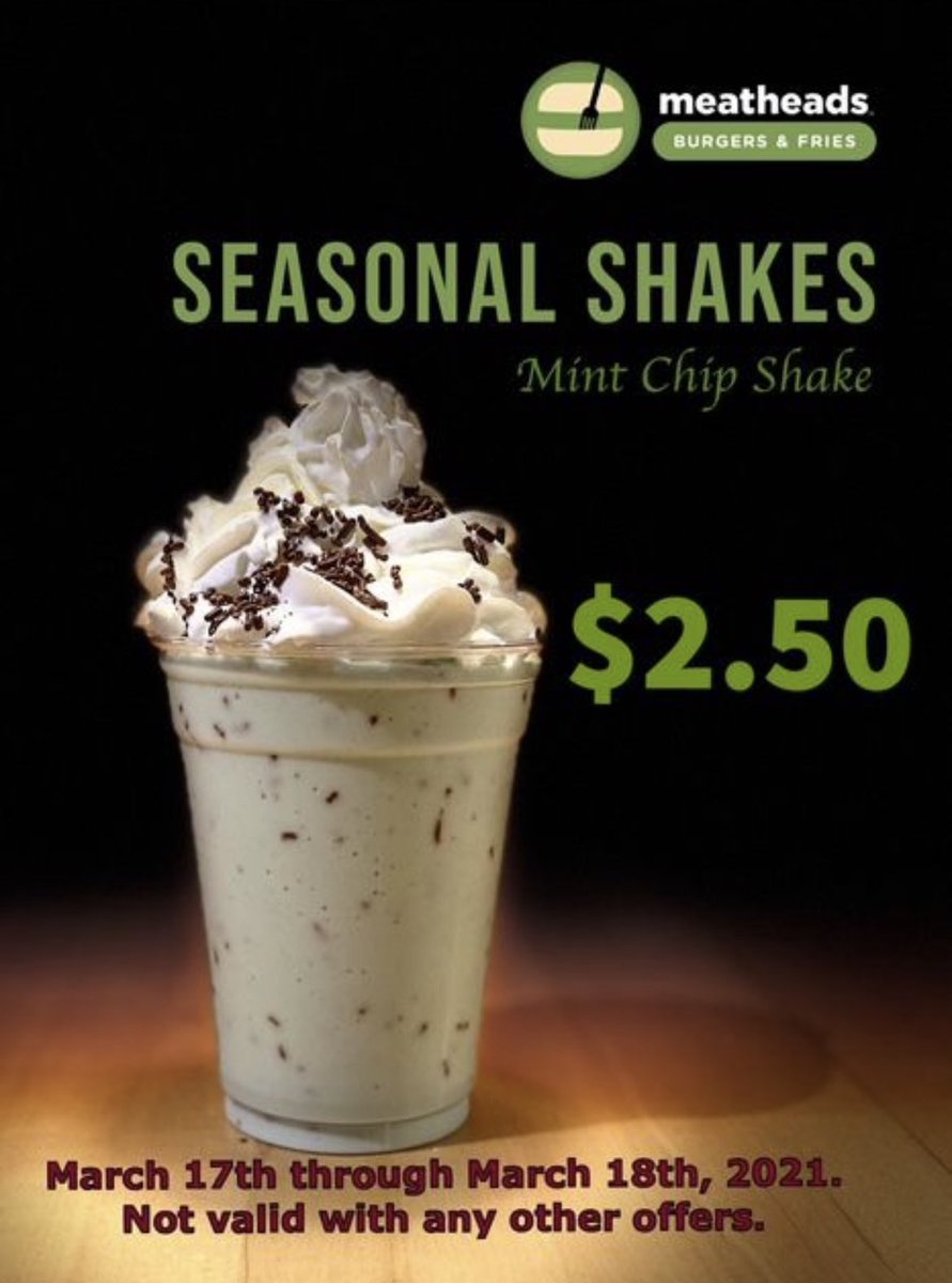 🍀It’s your lucky day!💚
Grab a Mint Chip shake for $2.50! 

*at participating locations only