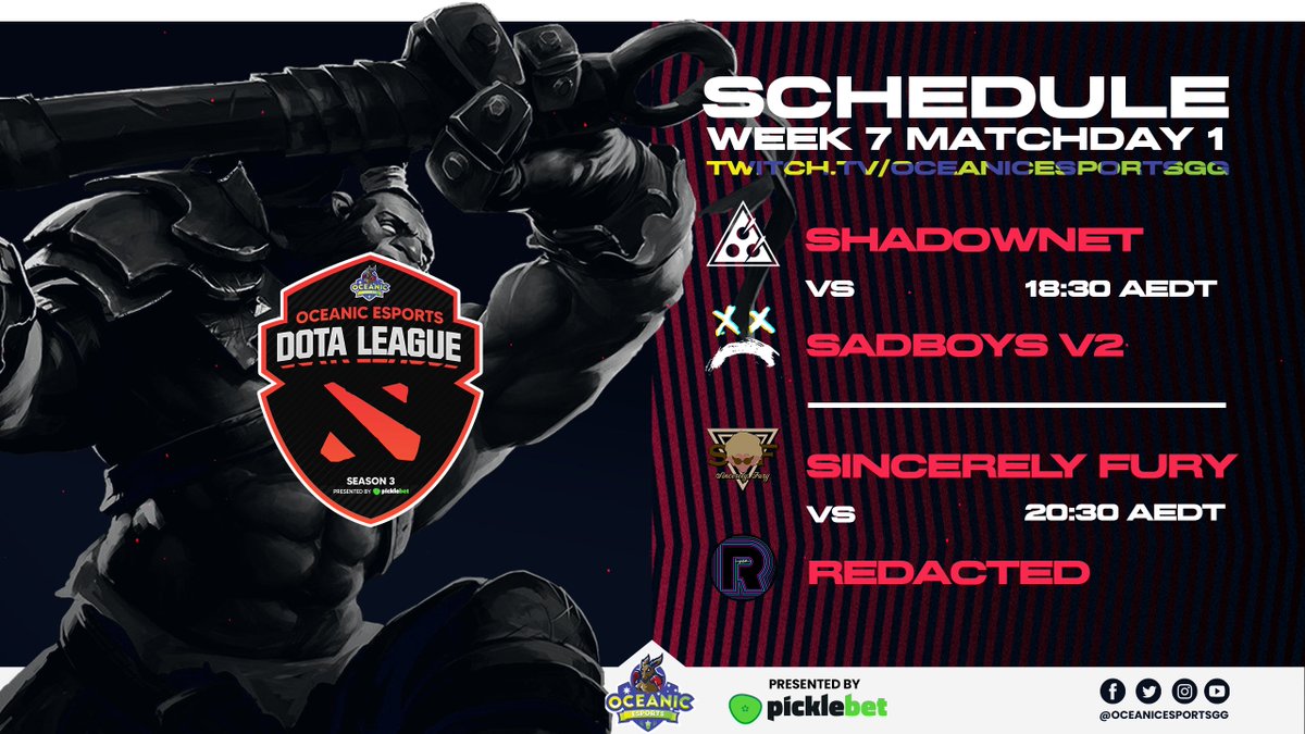 OceanicEsportGG's tweet photo. Catch tonight's action packed #OEDL games complete with high IQ cast, from 18:30 AEDT!
📺 https://t.co/AP7EBGgQdF

Good luck have fun to all the teams playing:
🦘@ShadownetGG vs #SadboysV2
🦘@SincerelyFury vs #Redacted
🗣️🎙️ @PogletDota &amp; @GodotAU 

#dota2 #ANZ #esports #Picklebet https://t.co/0DQ2c2EsKK