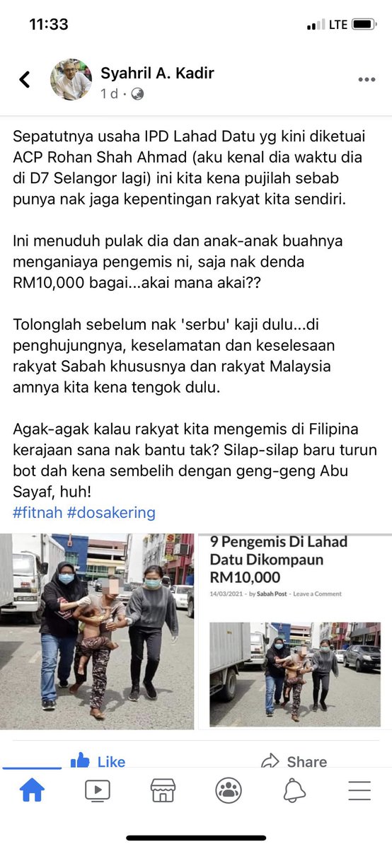Status dari brader wartawan, Syahril A. Kadir pasal konon polis dekat Lahad Datu saman pengemis. 

Baca dan terciduklah yang meroyan fitnah polis tu saman pengemis tak perikemanusiaan dan terpaling zalim.