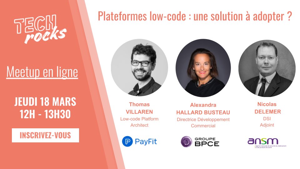 SimpliciteSoftw's tweet image. [Meetup @TechRocksFr  ] Demain de 12h à 13h30  👉Plateformes low-code : une solution à adopter ?
meetup.com/fr-FR/Meetup-C… 

🎙Alexandra Hallard Directrice Développement Commercial Groupe BPCE 
🎙Nicolas Delemer DSI Adjoint ANSM
🎙Thomas Villaren Low-code Platform Architect Payfit