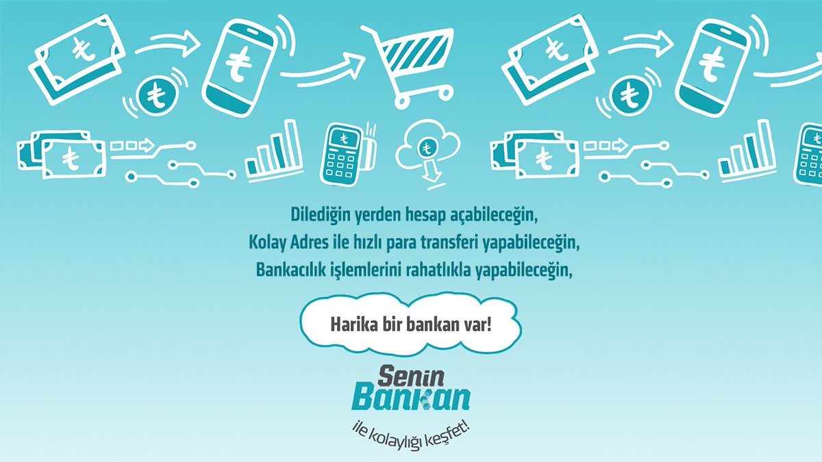 Dilediğin yerden hesap açabileceğin, Kolay Adres ile hızlı para transferi yapabileceğin ve bankacılık işlemlerini rahatlıkla yapabileceğin harika bir bankan var.

#SeninBankan ile kolaylığı keşfet!