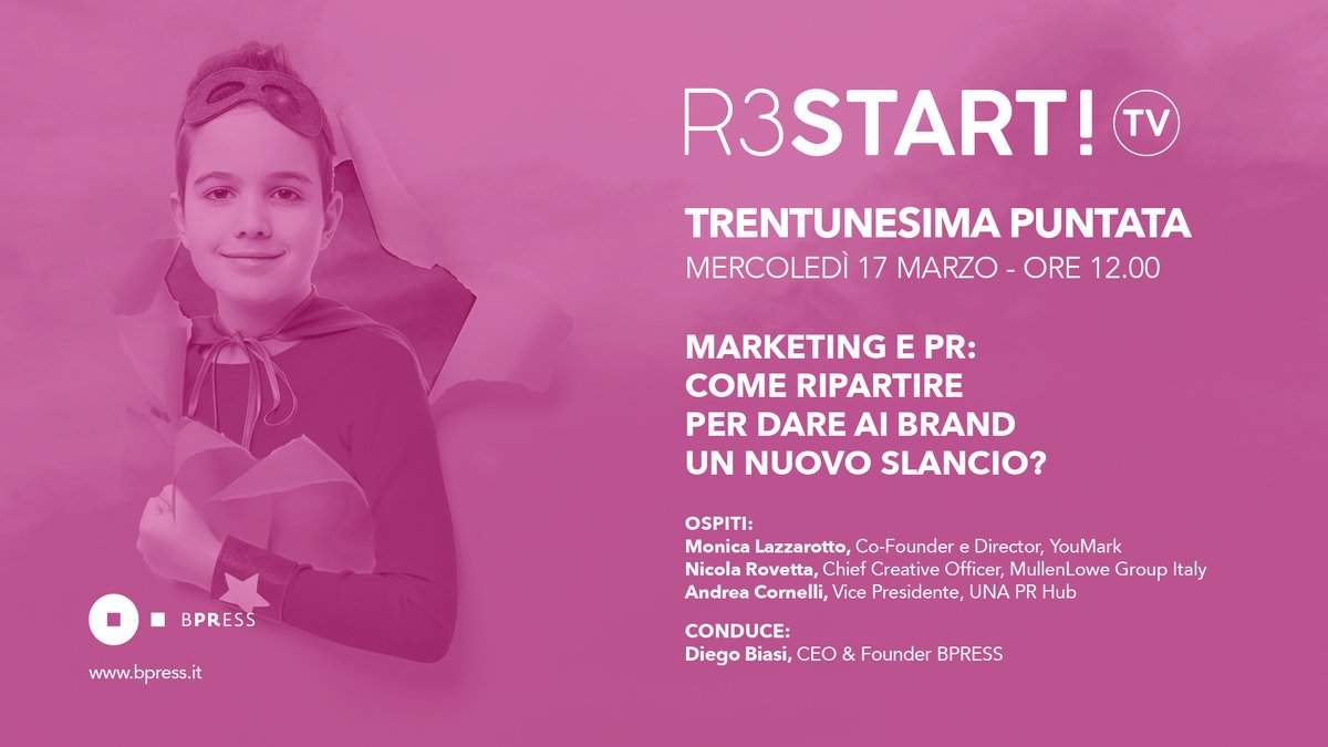 Pronti per la 31esima puntata di R3START! TV📺  dedicata al modo in cui marketing📈 e PR possono spingere 🚀 i brand? Con noi Monica Lazzarotto, <a href="/nicolarovetta/">Nicola Rovetta</a> e <a href="/AndreaCornelli/">@AndreaCornelli</a>. Appuntamento con la diretta alle 12:00 su Facebook e Youtube!📌⏰
#BPRESS #TheHeroMakers #R3START