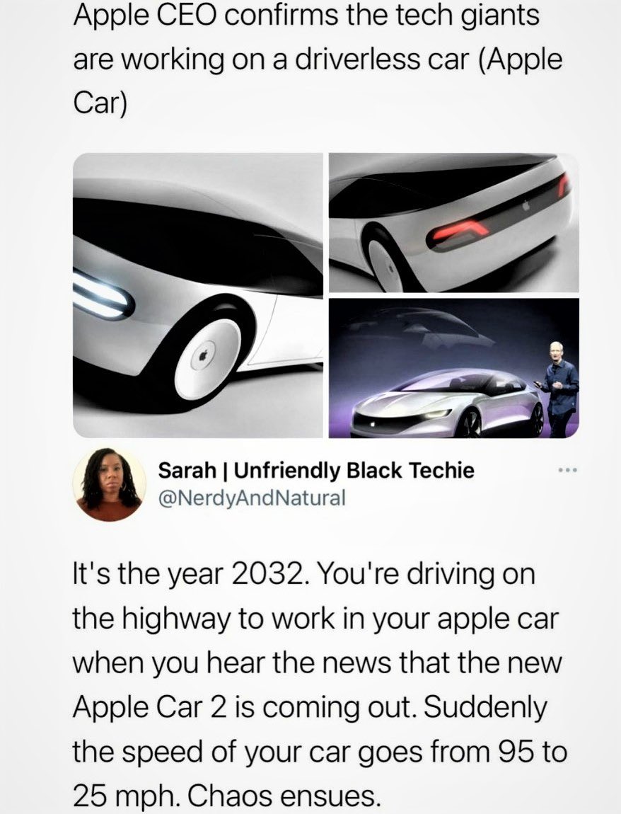 kittytechie's tweet image. Yep.. except the concept of vehicle ownership will not exist with #Applecar.. silly user 🤣.. obsolescence will be built into the subscription model