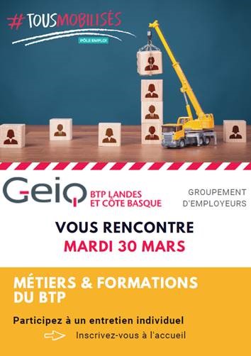 📢Le secteur du #BTP forme et recrute au #PaysBasque. Votre agence #AvecPôleEmploi de #SaintJeandeLuz vous propose de rencontrer le groupement d'employeurs GEIQ BTP Landes et Côte Basque le mardi 30 mars. ℹ️ et inscriptions auprès de votre conseiller📲 pour 1 RDV individuel📥