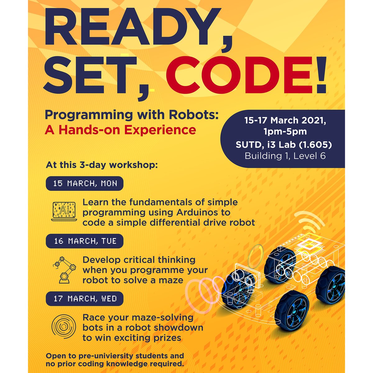 sutdsg's tweet image. Check out our “Programming with Robots: A Hands-on Experience” workshop where we teach pre-university students how to code a simple differential drive #robot via #Arduinos programming. 

This workshop is conducted by Assistant Professor Dr Malika Meghjani (1st picture).