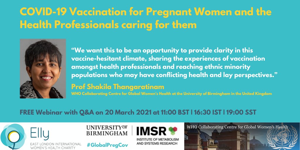 Tune into free webinar on COVID-19 Vaccine &amp; Pregnancy! Prof <a href="/thangaratinam/">Professor Shakila Thangaratinam</a> will be providing an overview of COVID-19 in Pregnancy, followed by further discussion &amp; Q&amp;A!

🗓️ 20 March 11:00 GMT

Open to everyone! Register here: bit.ly/3bp0LhY

#GlobalPregCov #MedTwitter