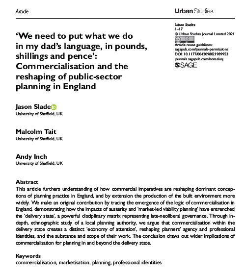 USJ_online's tweet photo. New paper by @JasonSlayed, Tait and Inch: '“We need to put what we do in my dad’s language, in pounds, shillings and pence”: #Commercialisation and the reshaping of public-sector #planning in #England' https://t.co/hCvyodEH29 https://t.co/7s7rcRYEyo