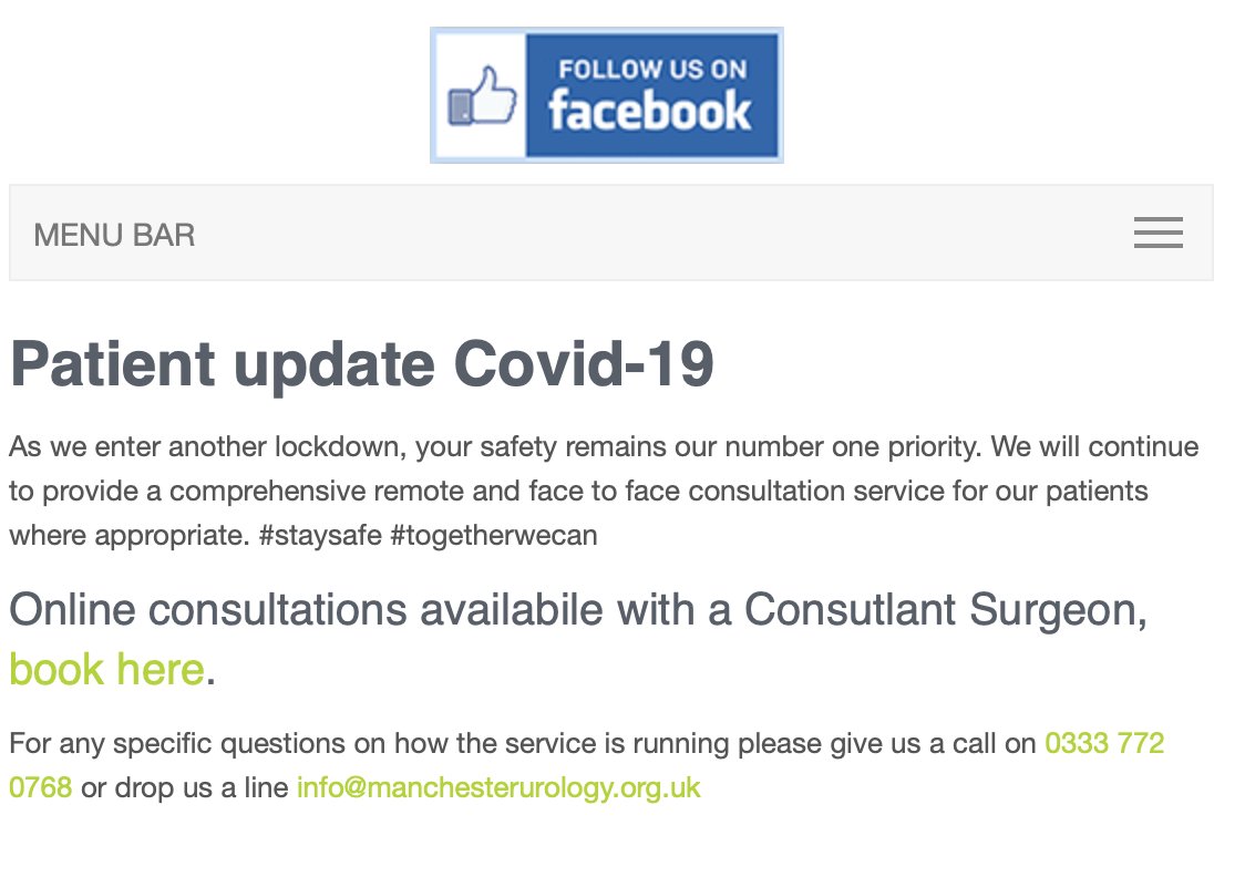 We know your health can't wait. Why not take advantage of our new and easy #online #booking system. Speak to a consultant surgeon at a time to suit you, for a prompt and expert opinion #menshealth #cancer #stones #infection ow.ly/VslJ50E0nM9