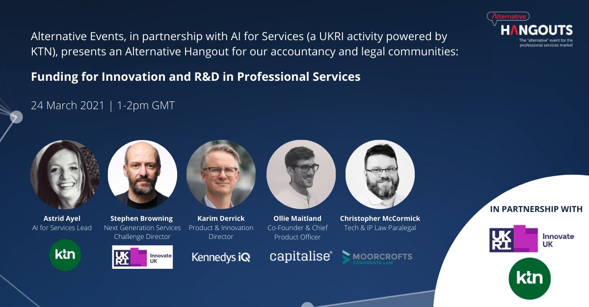 AIForServices's tweet image. Delighted to partner with Alternative Hangouts to share the impact of the Next Generation Services Programme and discuss opportunities and challenges of undertaking innovation projects in the professional sectors - Request a place to attend: hubs.la/H0Jg9gv0 #AI #proftech