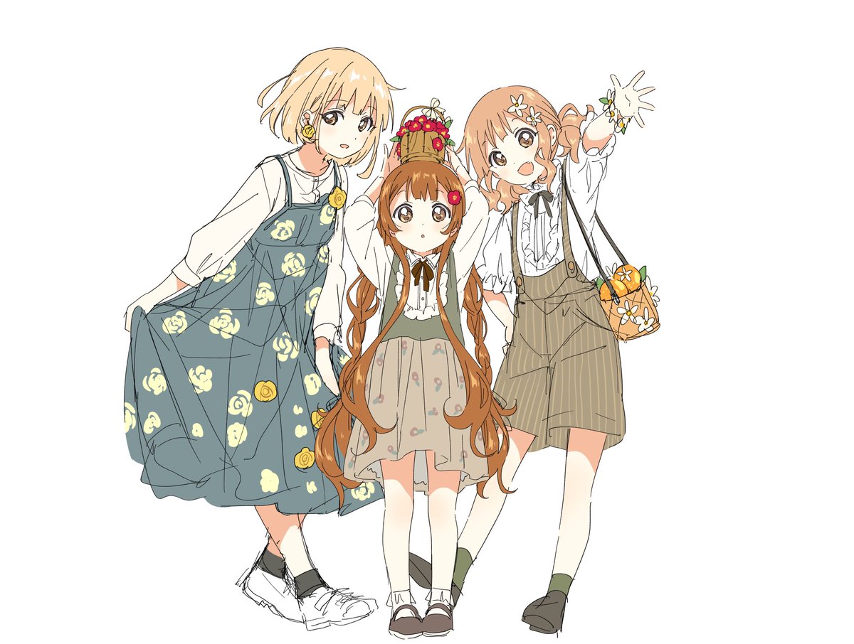 oomuro sakurako 3girls multiple girls brown eyes blonde hair siblings white background hair ornament  illustration images