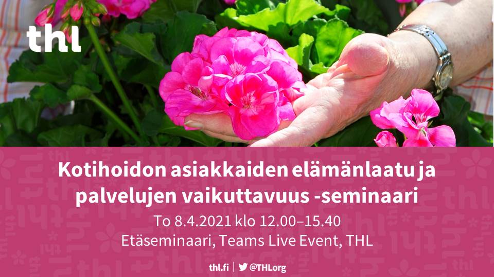 Järjestämme kotihoidon asiakkaiden elämänlaatuun ja palveluiden vaikuttavuuteen keskittyvän seminaarin 8.4. Ilmoittaudu mukaan viimeistään 23.3. 👇

thl.fi/fi/ajankohtais…

#ikääntyneet #kotihoito #elämänlaatu #kustannusvaikuttavuus