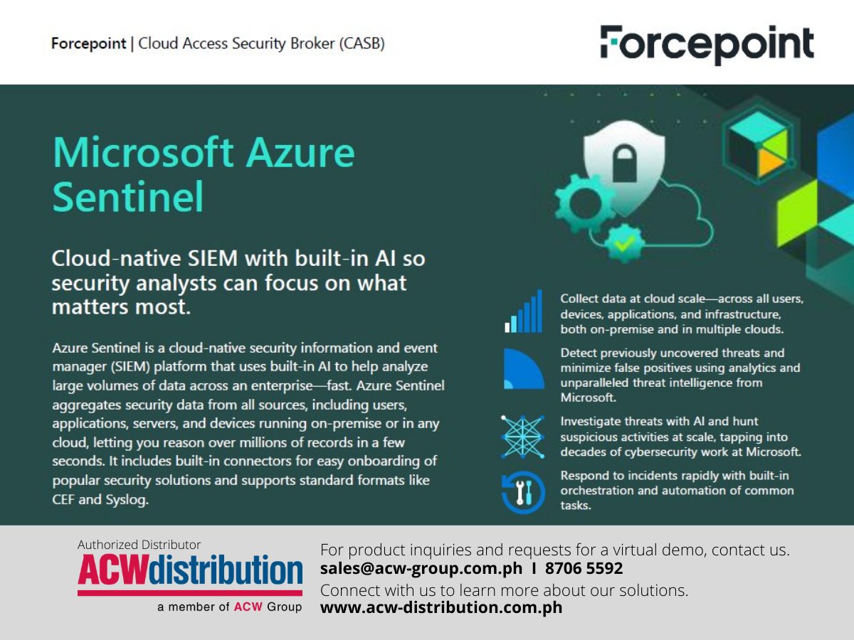 acw_phils's tweet image. Here&apos;s a #SolutionBrief of #Forcepoint DLP integration with Microsoft&apos;s Azure Sentinel that explains Forcepoint CASB integration. fc-pt.com/3qTaS3k