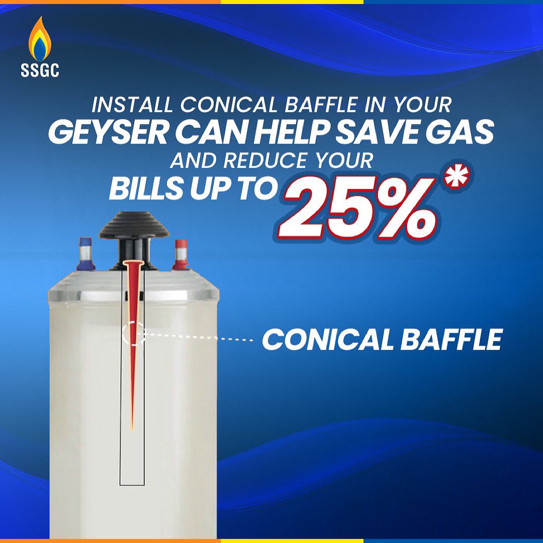 SSGC_Official's tweet photo. Install conical baffle in your geyser to help save gas and reduce your bills up to 25%*
Call 1199 for more details.
#SSGC #ConicalBaffle #GasConservation #ConserveGas #NaturalGas https://t.co/I6YrIQVBi9