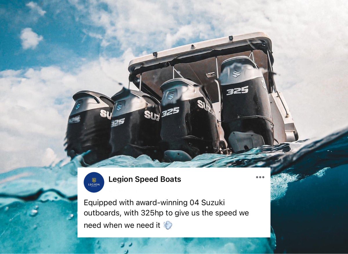 MTCCkashavaru's tweet photo. SUZUKI DF325A propelled with three-blade dual propellers gives an incredible acceleration and the best performance on Legion Speed Boats 🛥🤙🏼

#mtcckashavaru #suzukimarine #mtccplc https://t.co/e98nw5y7BC