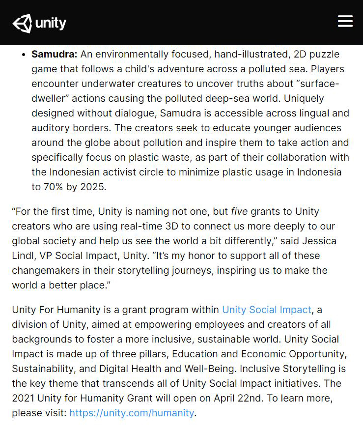 This is so surreal!!! What an absolute honor🌊🌊🌊 investors.unity.com/news/news-deta… #unity3d #unityforhumanity #award #samudragame