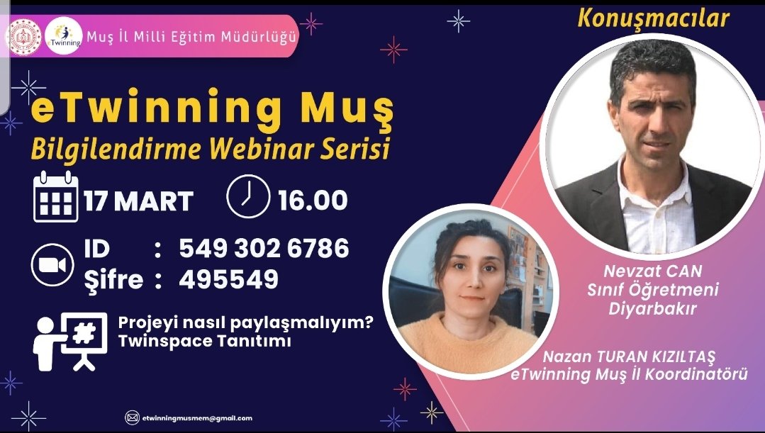 📣📣 Muş eTwinning Webinar Bilgilendirme Serileri Başlıyor.
 ⏰ İkinci eğitim 17 Mart Saat:16.00
<a href="/MusMilliEgitim1/">Muş İl Millî Eğitim Müdürlüğü</a>
<a href="/EnverkV/">Enver KIVANÇ</a>
<a href="/EtwinningMus/">Muş_eTwinning</a> 
<a href="/tcmeb/">Millî Eğitim Bakanlığı</a> 
<a href="/tretwinning/">eTwinning Türkiye</a>
