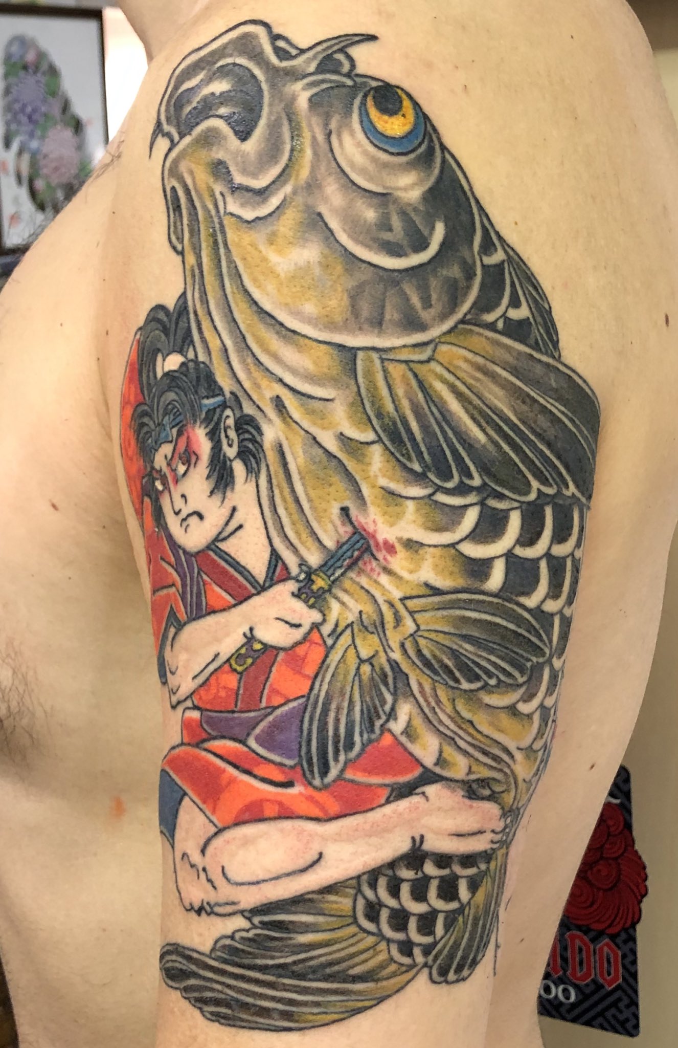 手彫り刺青師 龍元 鬼若丸 化け鯉退治 Oniwakamaru Defeating Man Eating Monster Koi 鬼若丸 化け鯉退治 Oniwakamaru 刺青 Traditionaljapanesetattoo Japanesetattoo 和彫り Wabori 彫り物 彫物 手彫り 龍元 Horimono Tebori Ryugen