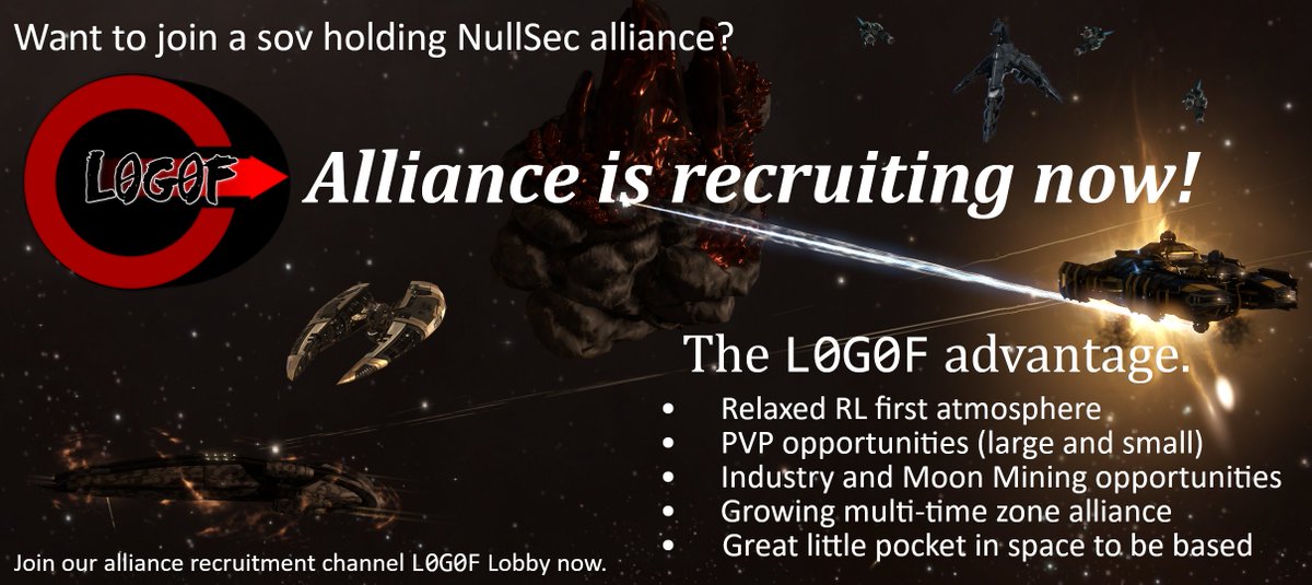 Want to live in null sec? Want to be part of something that is growing?  Want to be where the action is?  L0G0F Alliance is recruiting corps and individuals, Join us today.
#EVEonline #tweetfleet 
https://t.co/n3fdIWFpxj https://t.co/tQtM2JgJSE