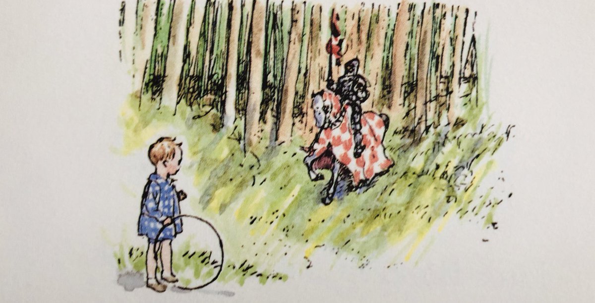 A_AMilne's tweet photo. Whenever I look up the hill
Where dark against the green and blue
The firs come marching, two by two
I wonder if perhaps I might
See suddenly a shining knight
Winding his way from blue to green
Exactly as it would have been
Those many many years ago
~A.A.Milne 
#ThursdayThoughts https://t.co/UY2csSuwWz
