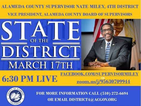 Please Share this Important post of the State of our neighborhoods and community.

Wednesday, March 17th, 2021  @ 6:30 pm
Watch LIVE on Facebook or Zoom!
 
Facebook Link: 
facebook.com/supervisormiley   or
 Zoom Link: 
zoom.us/j/95630709944