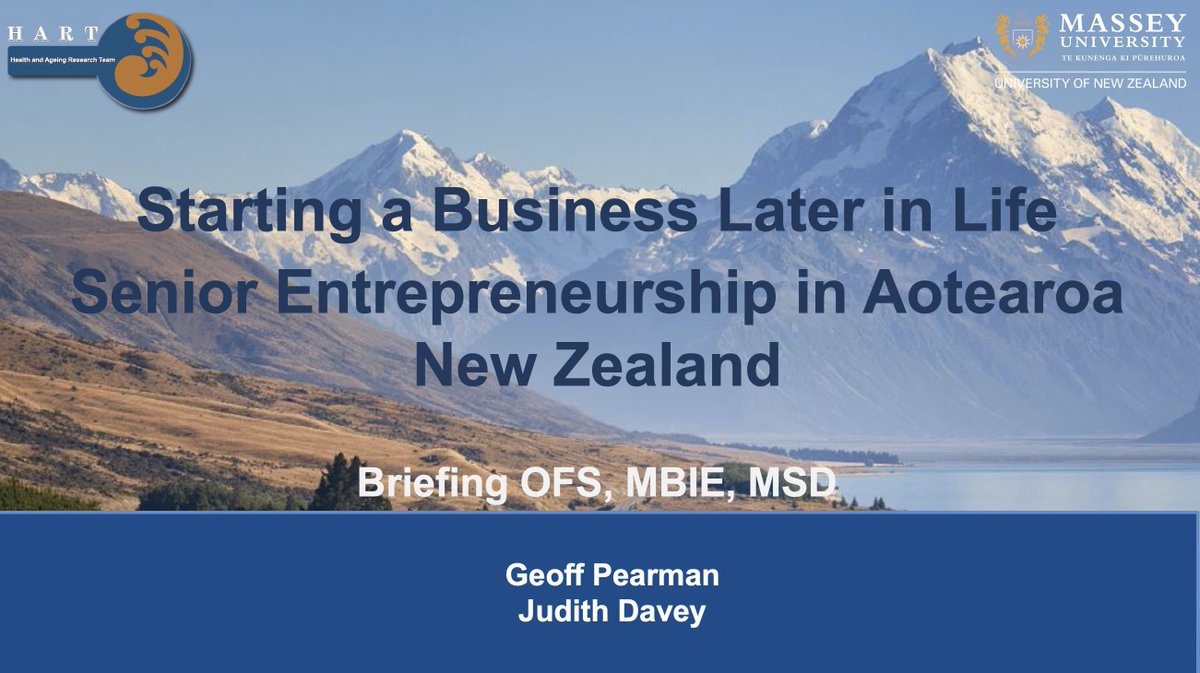 GeoffPearman's tweet photo. Senior Entrepreneurship. Today Judith Davey and I presented our indicative findings and policy recommendations to the Office for Seniors, MSD and MBIE. Much for the Government to ponder and hopefully act on as it prepares its Older Workers Action Plan.  Full report due Q3 https://t.co/qHhfgS1dQU